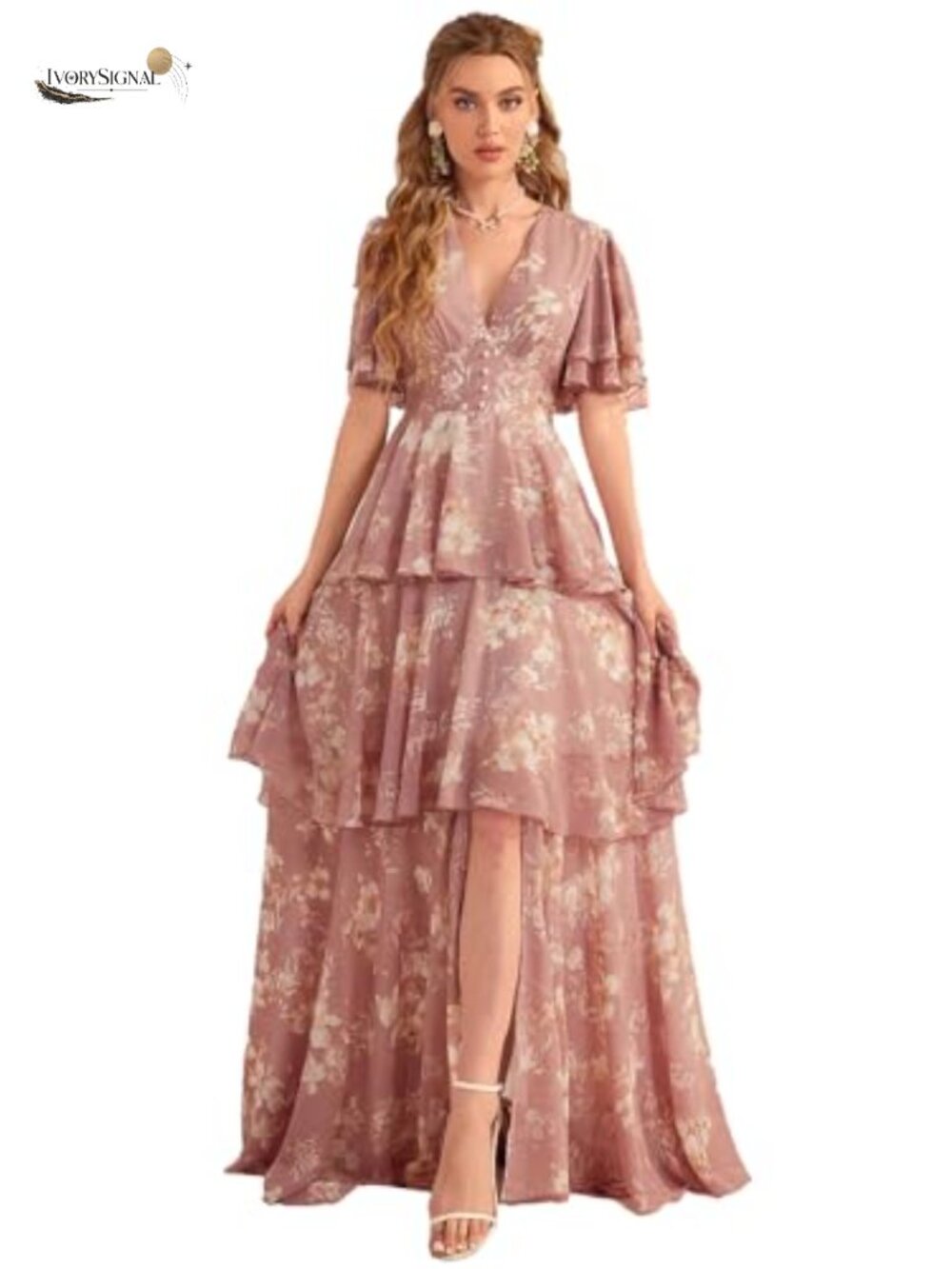 Women's Boho V Neck Ruffle Short Sleeve Floral Maxi Dress Polyester Casual